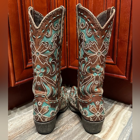 Lane Robin Brown Turquoise Floral Cowboy Boots Birds RARE Wedding Rodeo Cowgirl - Picture 4 of 7